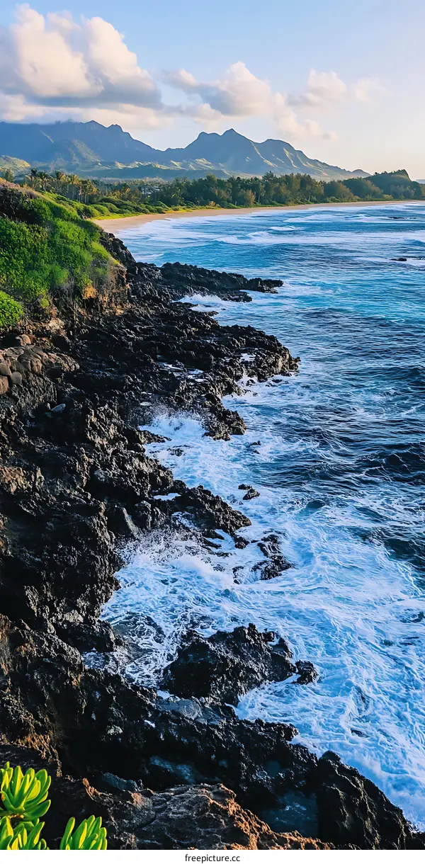 Rocky Coastline With Blue Ocean And Mountains In The Background