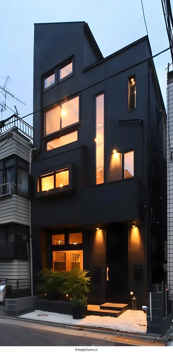 Modern Black House Exterior Design With Illuminated Windows