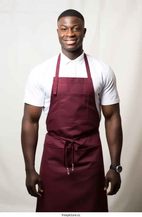 Portrait of a smiling African American chef wearing a white shirt and maroon apron