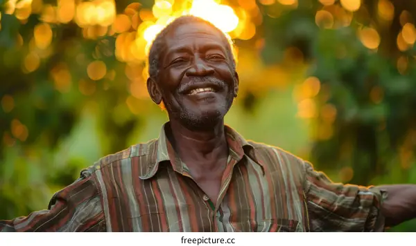 Happy African Farmer in Field at Sunset