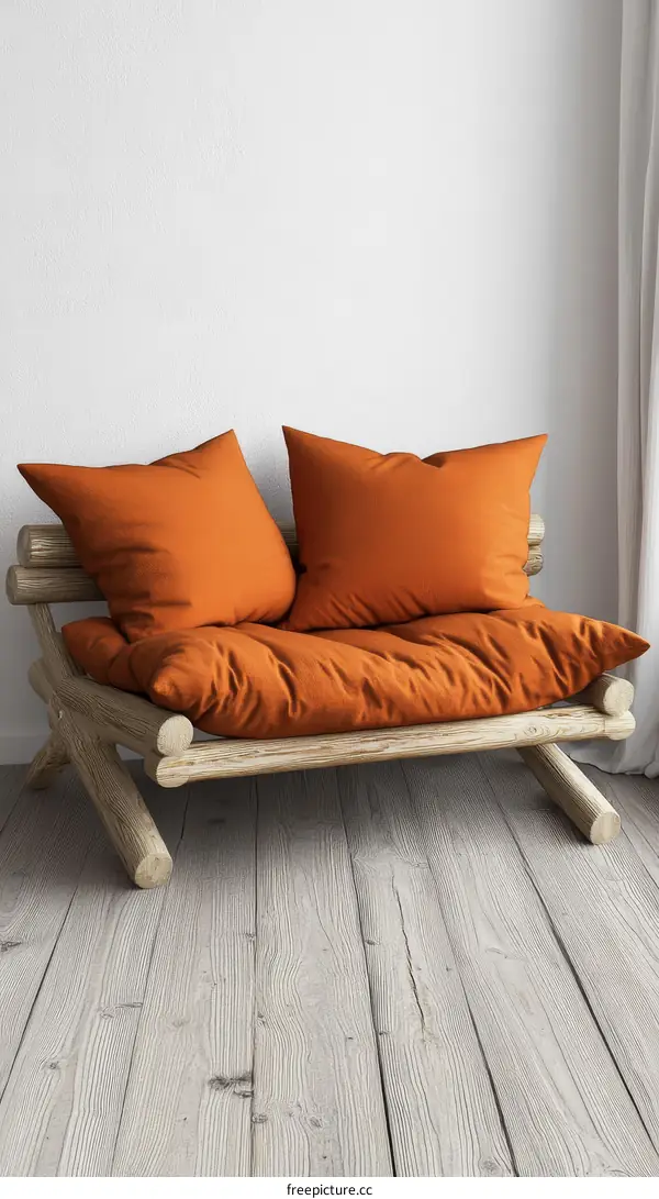 Rustic Wooden Lounge Chair with Orange Cushions