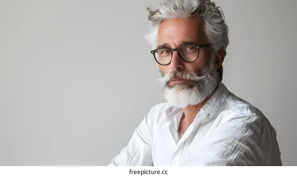 Portrait of a Mature Man with a White Beard and Gray Hair Wearing Glasses