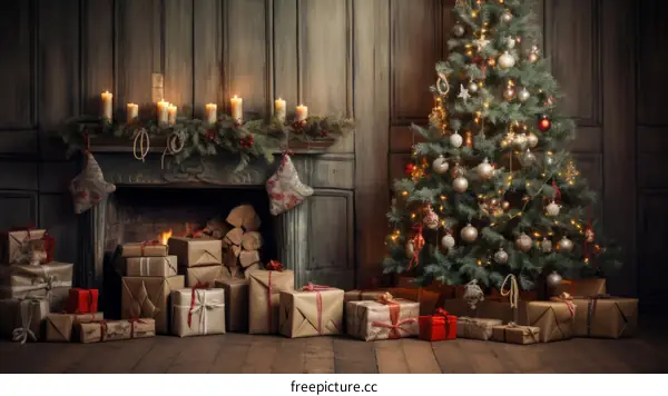 Christmas tree in a wooden room with presents under it