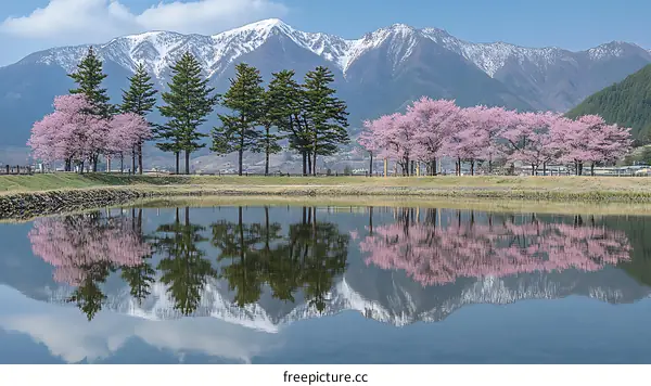Spring Cherry Blossoms Reflecting on a Mountain Lake