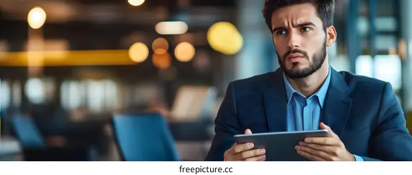 Caucasian Man in Suit Using Tablet Computer in Office