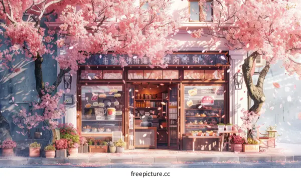 The pink-themed bakery is decorated with cherry blossoms