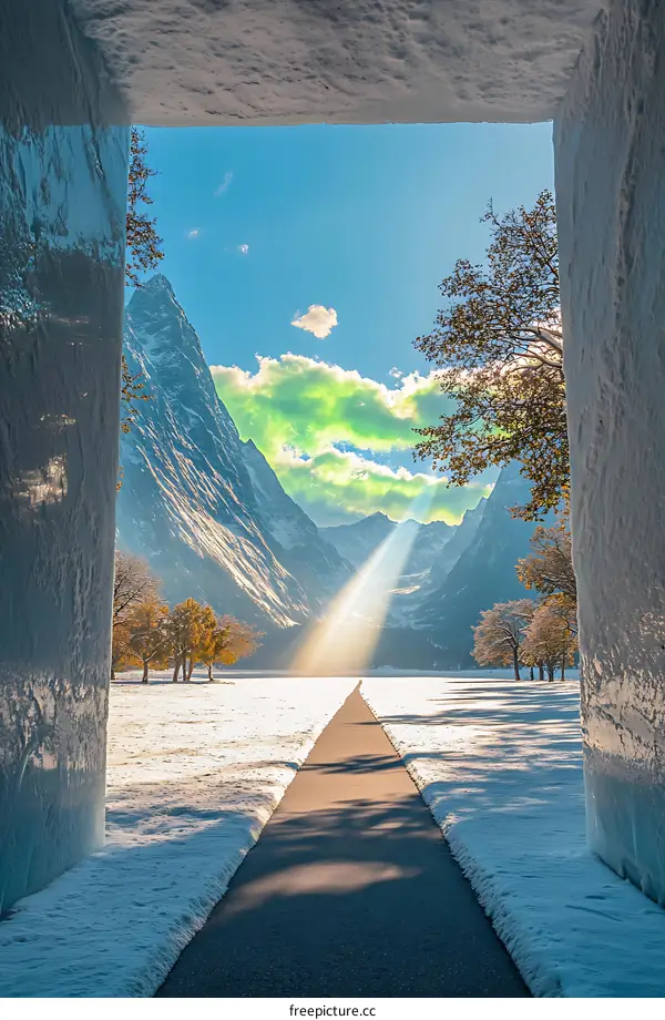Snowy Path Leading to the Mountains with Sun Rays