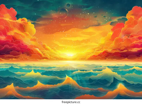 Tranquil Ocean Sunset Digital Illustration