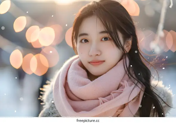 Winter Portrait of Asian Woman With Pink Scarf