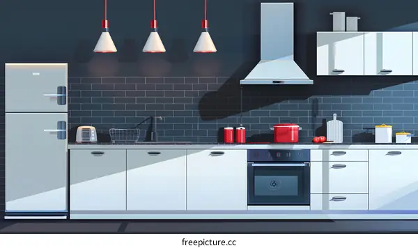 Modern Kitchen Interior Design with White Cabinets and Black Tile Backsplash