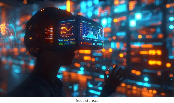 A woman wearing a virtual reality headset is looking at a futuristic display of data.