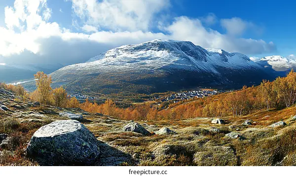 Autumnal Mountain Scenery with Snowy Peaks
