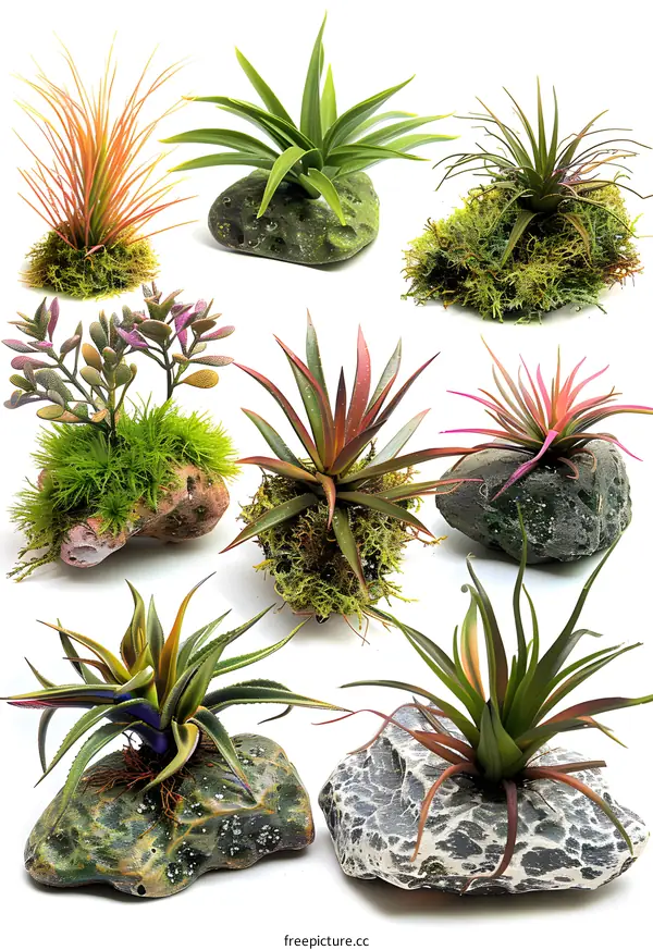 Assortment of air plants on white background