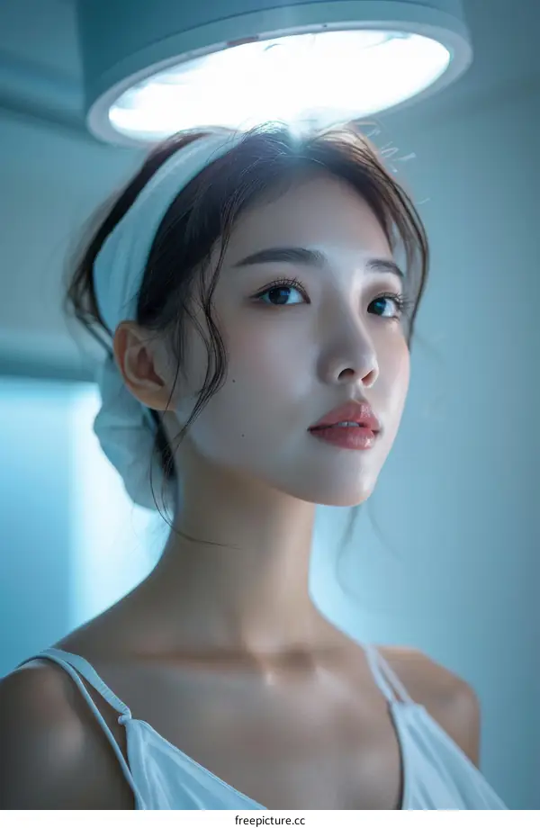 A young Asian woman looking up at a bright light
