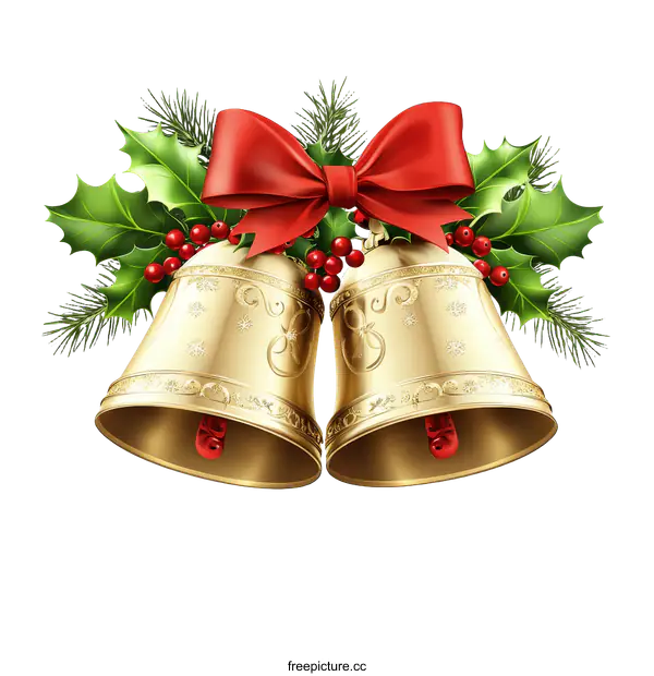 [Transparent Background PNG]Christmas Gold Bells with Red Ribbon