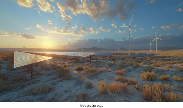 A large solar farm and wind farm in the middle of the desert