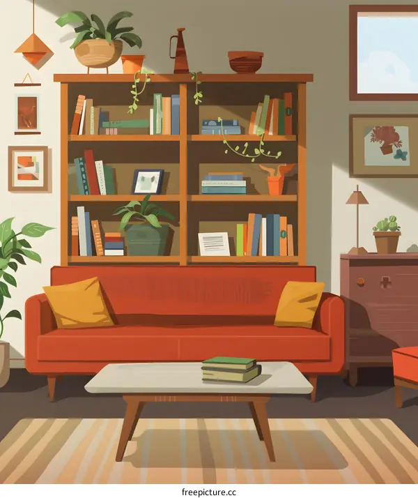 Modern Living Room Interior Design Illustration With Bookshelf And Red Sofa