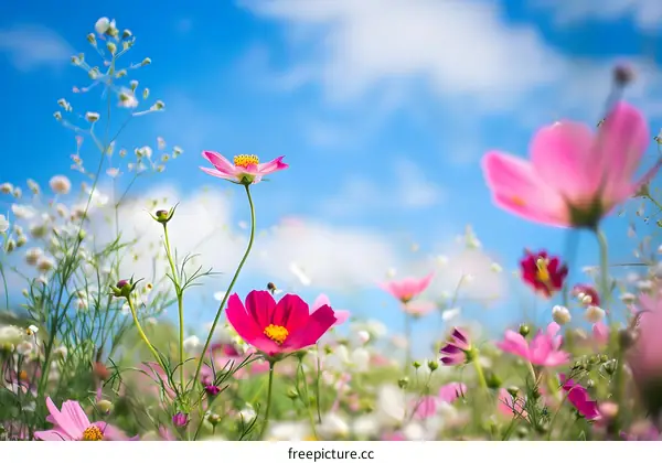Pink and White Flowers in a Field with a Blue Sky