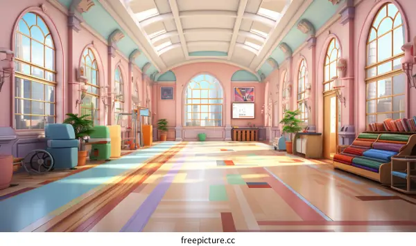 A brightly colored room with a high ceiling and large windows