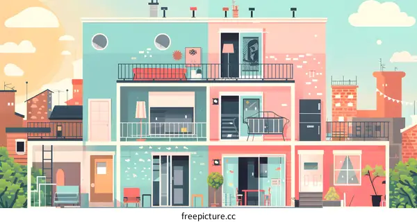 Colorful Illustration of a Modern House with Multiple Windows and Balconies