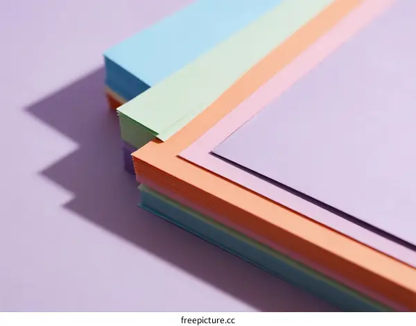 Stack of Colorful Craft Papers with Soft Shadows on Purple Background