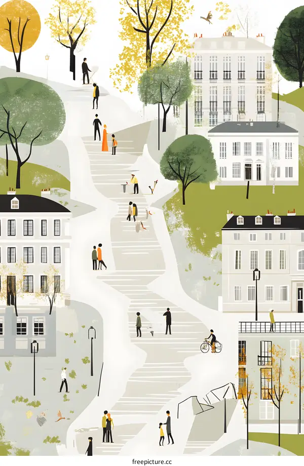 Autumn Illustration of People Walking Up a Stairway in a City Park