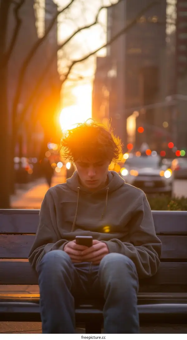 Youngster engrossed in smartphone against urban backdrop