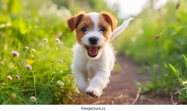 A happy puppy is running in the grass