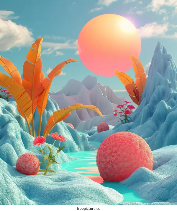 Surreal Landscape with Colorful Spheres and Palm Trees
