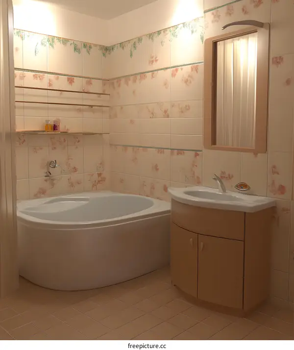 Modern Bathroom Design with White Bathtub and Wooden Cabinet