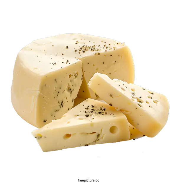 [Transparent Background PNG]Wheel of cheese with slices and pepper