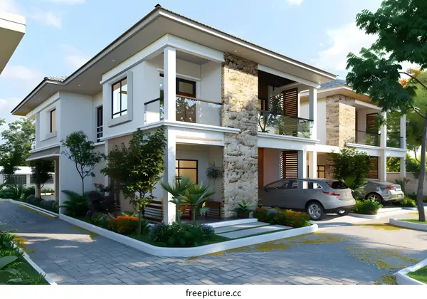 Modern Two Story Home with Stone Accents and a Driveway