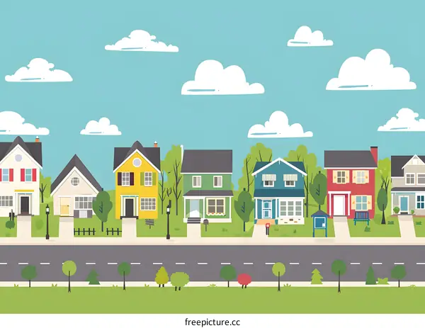 Cute Cartoon Illustration of Suburban Houses and Street