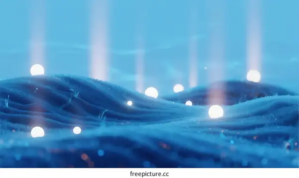 Blue Abstract Digital Landscape with Floating Light Elements