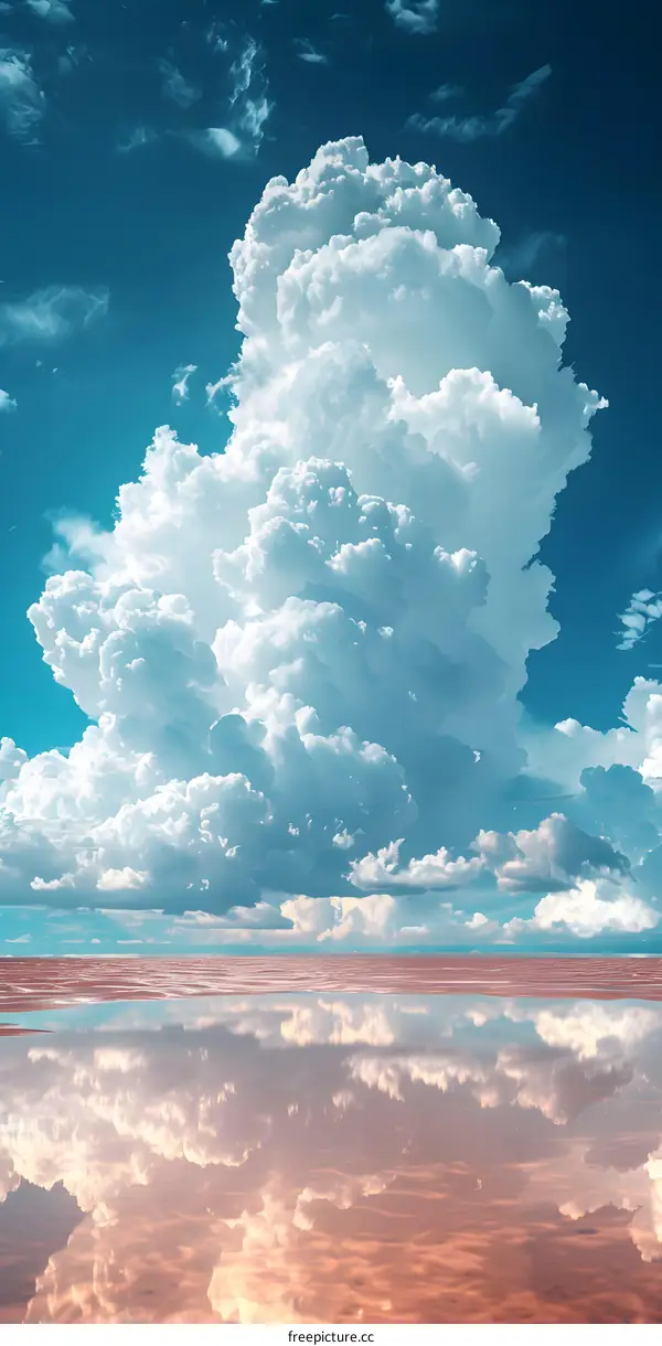 A large white cloud is floating above the pink lake.