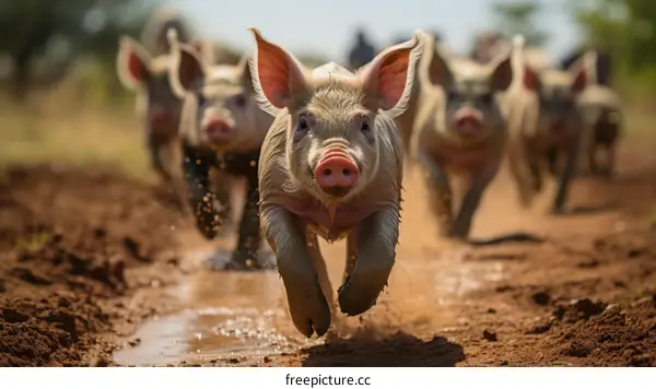 Cute Piglets Running and Playing in the Mud