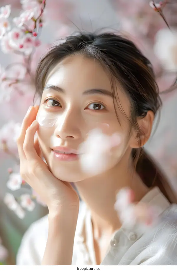 Asian Woman with Cherry Blossoms