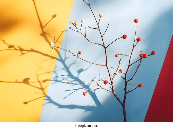 Bare Branch with Red Berries Against a Colorful Wall