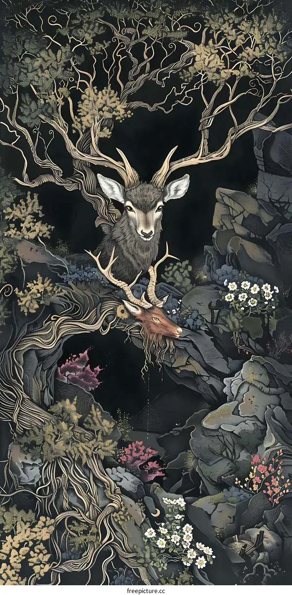 Dark Forest with Two Deer Illustration