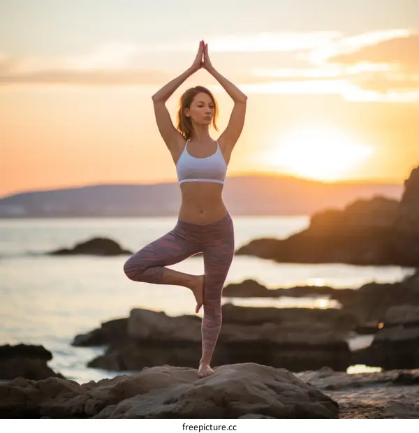 Woman in white sportswear practicing yoga on the beach at sunset