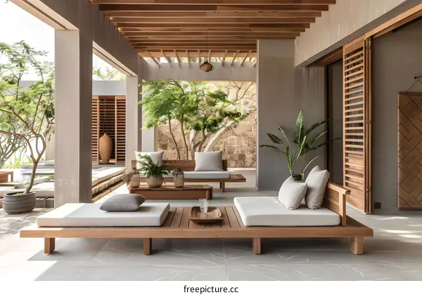 Modern Minimalist Outdoor Patio Design with Wooden Loungers and Cushions