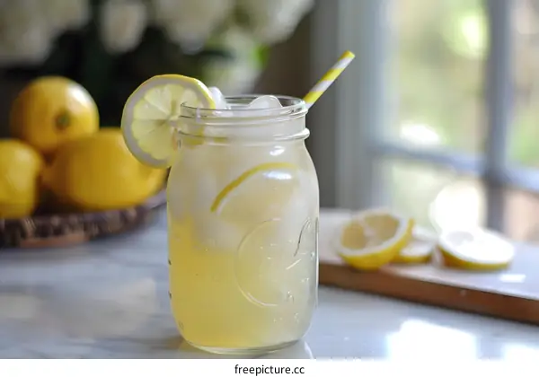 Homemade Lemonade With Ice And Lemon Wedges In A Glass Jar