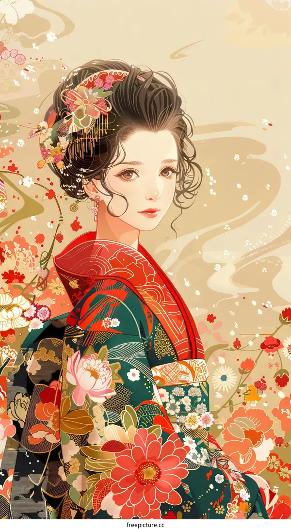 A beautiful Japanese woman in a kimono stands in a field of flowers.