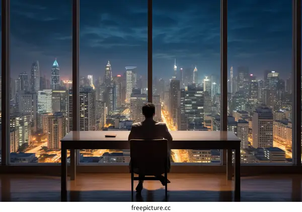 Businessman looking at the night city from the office window