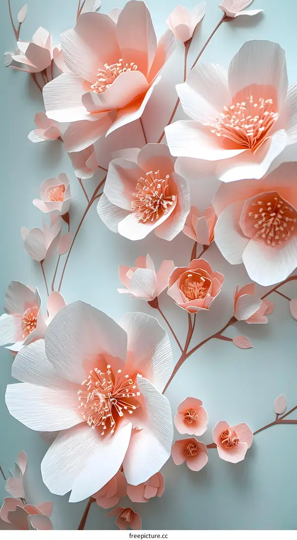 Delicate Pink Paper Flowers on Teal Background