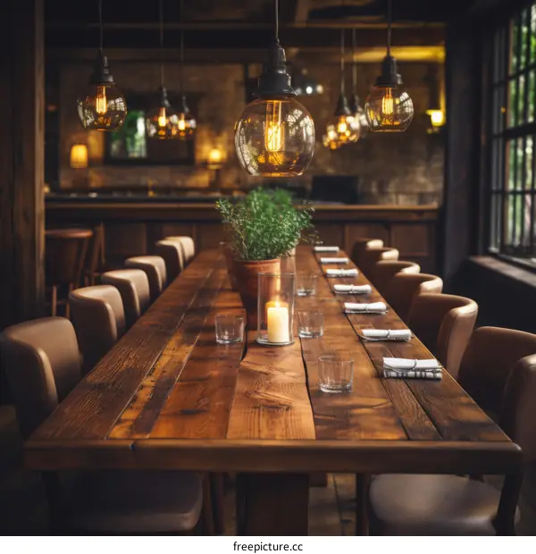 Rustic Wood Restaurant Table with Candle and Glasses