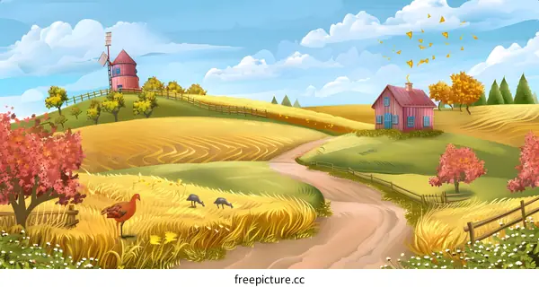 Autumn Landscape with Windmill and House