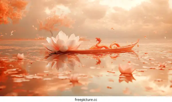 Fantasy Dragon Boat on a Calm Lake with Lotus Flowers