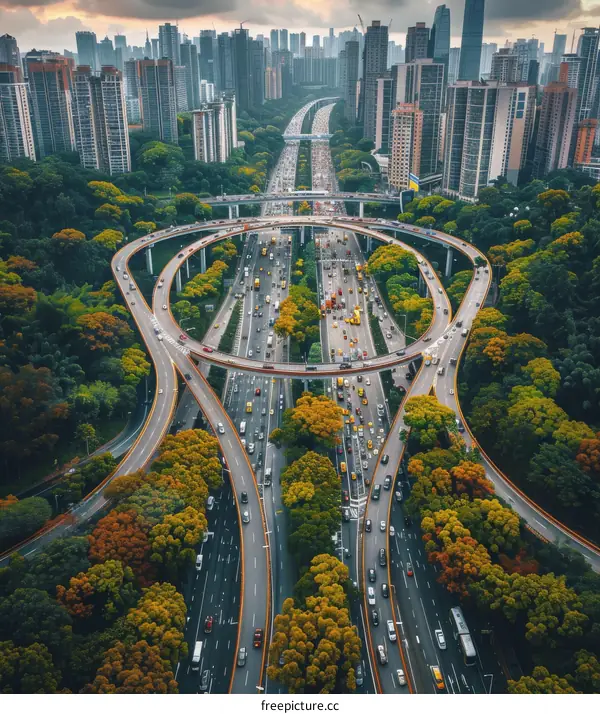 Elevated Urban Road Interchange with Autumn Trees