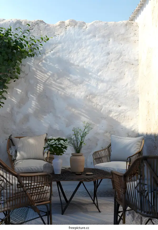 White Wall Patio with Wicker Furniture